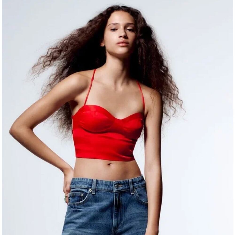Zara Red Satin Corset Lace-Up Strappy Tie Back Crop Top Size S